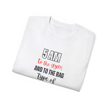 Load image into Gallery viewer, Unisex Ultra Cotton Tee - &#39;5 AM to the Gym&#39; Motivational Shirt for Fitness Lovers
